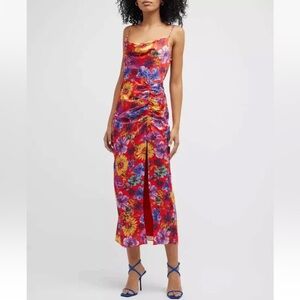 NWT Milly Women Lilliana Wildflower Adjustable Strap Satin Midi Dress Coral US 6